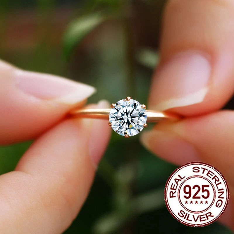 QooLady 925 Sterling Silver Shiny Round Cubic Zircon Gold Color Ring for Women Bridal Engagement Wedding Band Jewelry Gift SR053 250617