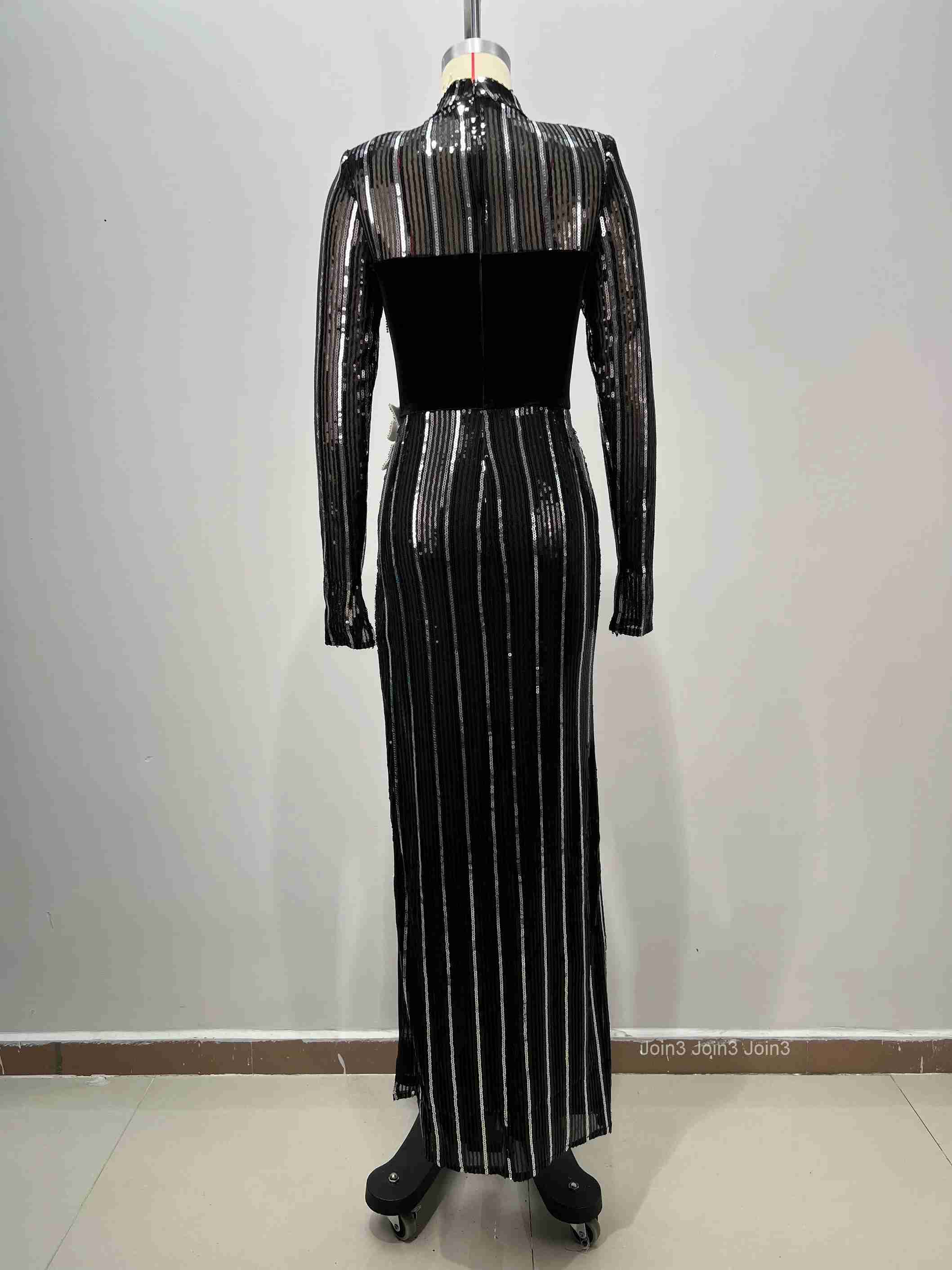 Bandage Sequin Dress with Crystal Flower Embellishments Sexy Long Sleeve High Slit Evening Gown Women Glitter Black Party Dress