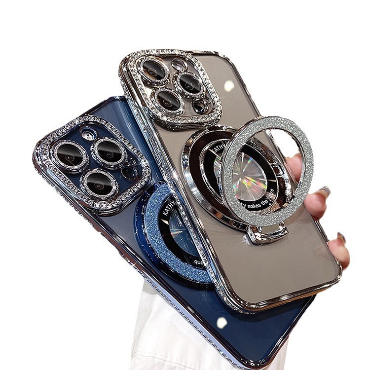 Magnetic suction bracket is suitable for Apple 16promax mobile phone case iphone14 electroplated rhinestone with glitter lens film