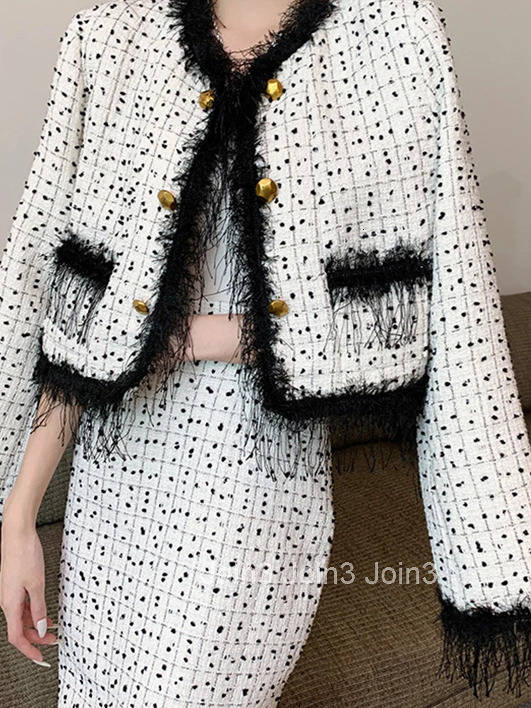 New Fashion Ladies Vintage Plaid Tweed 2 Pieces Outfits Women Clothing Short Coat Tops Jacket Outwear And High Waist Skirt Set