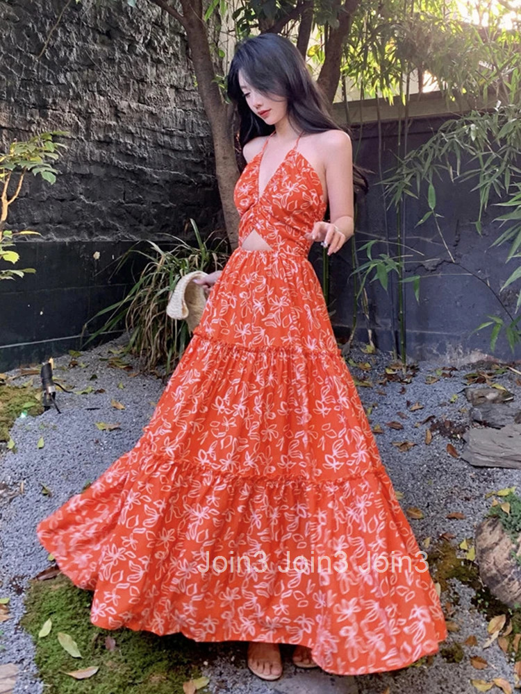 New Summer Fashion Boho Floral Print Vacation Beach Long Dress Women Clothes Elegant Sweet Sexy Backless Slim Maxi Vestidos Robe