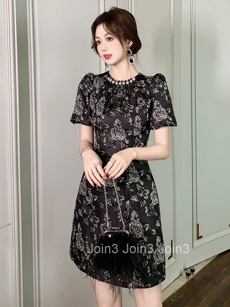 Summer Fashion Jacquard Elegant Luxury Retro O-Neck A-Line Dress Women Clothes Puff Sleeve Slim Short Party Prom Vestidos Fiesta