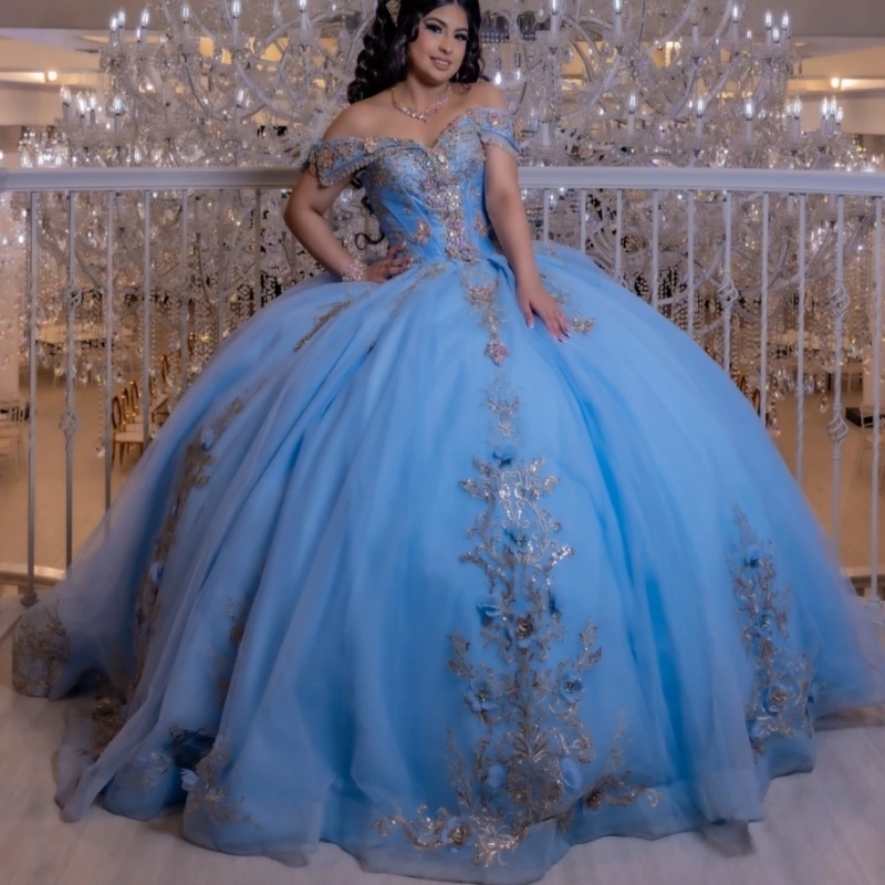 Sky Blue Shiny Ball Gown Quinceanera Dreseses Sequins Lace Applique Beading Tull Sweet 16 Dress Vestidos De 15 Anos