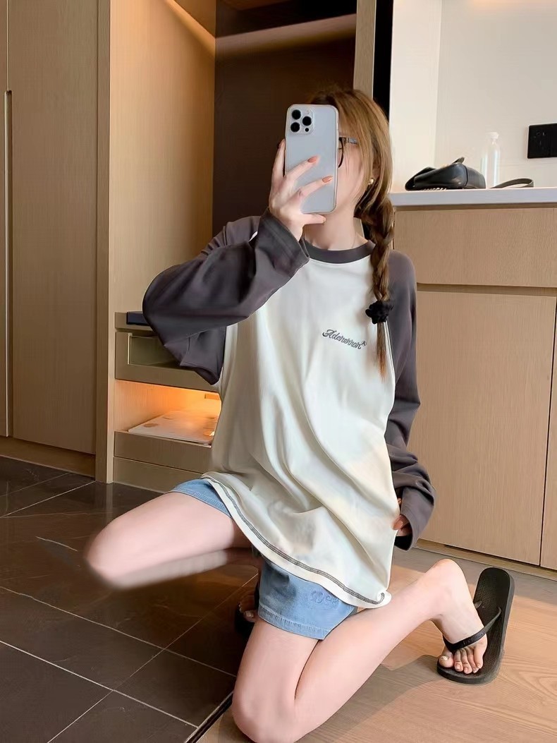 SL236 Women's Spring and Autumn Contrast Color Round Neck Loose Long Sleeve Top Thin Shirt Bottoming Shirt