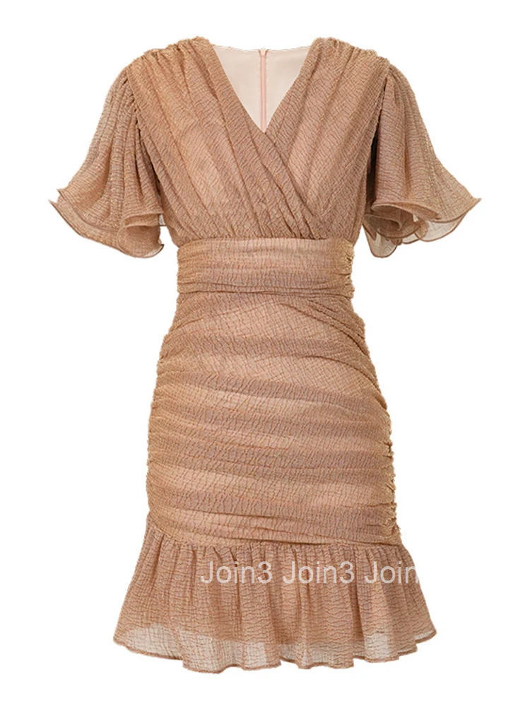 Elegant Fashion Sparkly Gold Bright Silk Mermaid Dress Women Clothes Summer Ruffle Sleeve Slim Party Club Prom Vestidos Fiesta