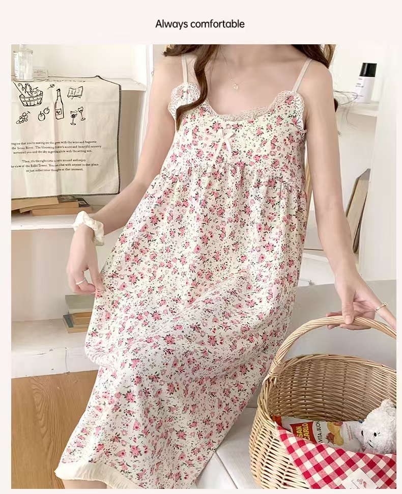 2025 women's models spring and summer sweet ins style halter mid-length loose nightgown female home dress red crocus flower