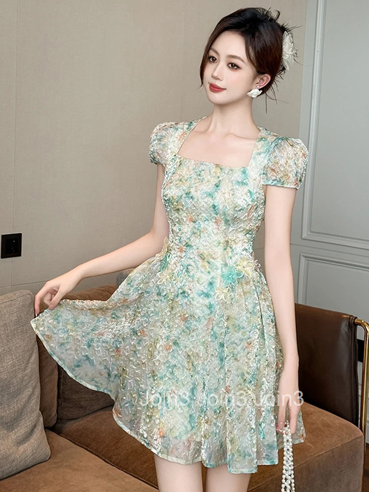 Women Clothes Sweet Floral Print Puff Sleeve Folds Slim Mini Short A-Line Dress Fashion Party Prom Vestidos Casual Beach Summer