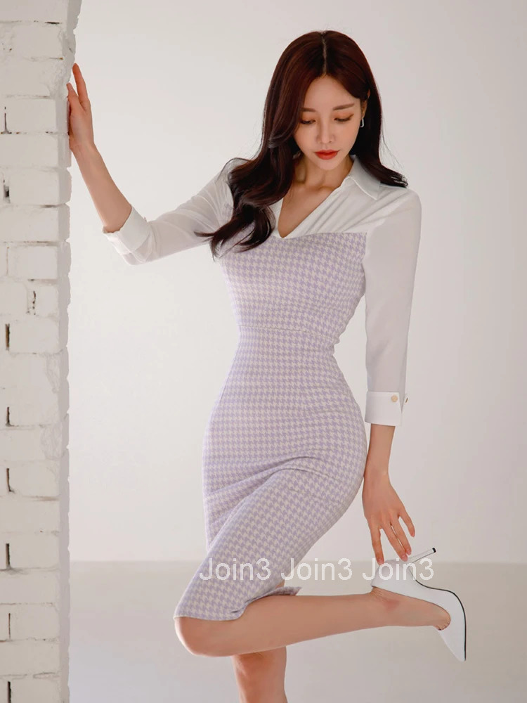 New Spring Autumn Elegant Women Evening Dress Chic Casual Houndstooth V-Neck Slim Slit Midi Pencil Street Clothes Mujer Vestidos