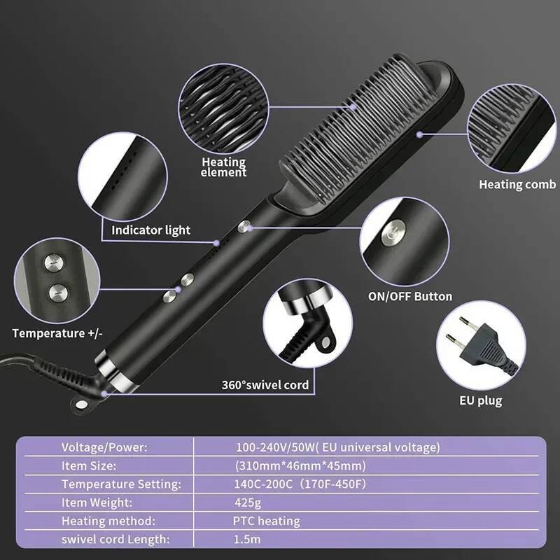 Thermostatic straightener Comb 5 temperature settings Straightening Quick heat professional hair straightening brush