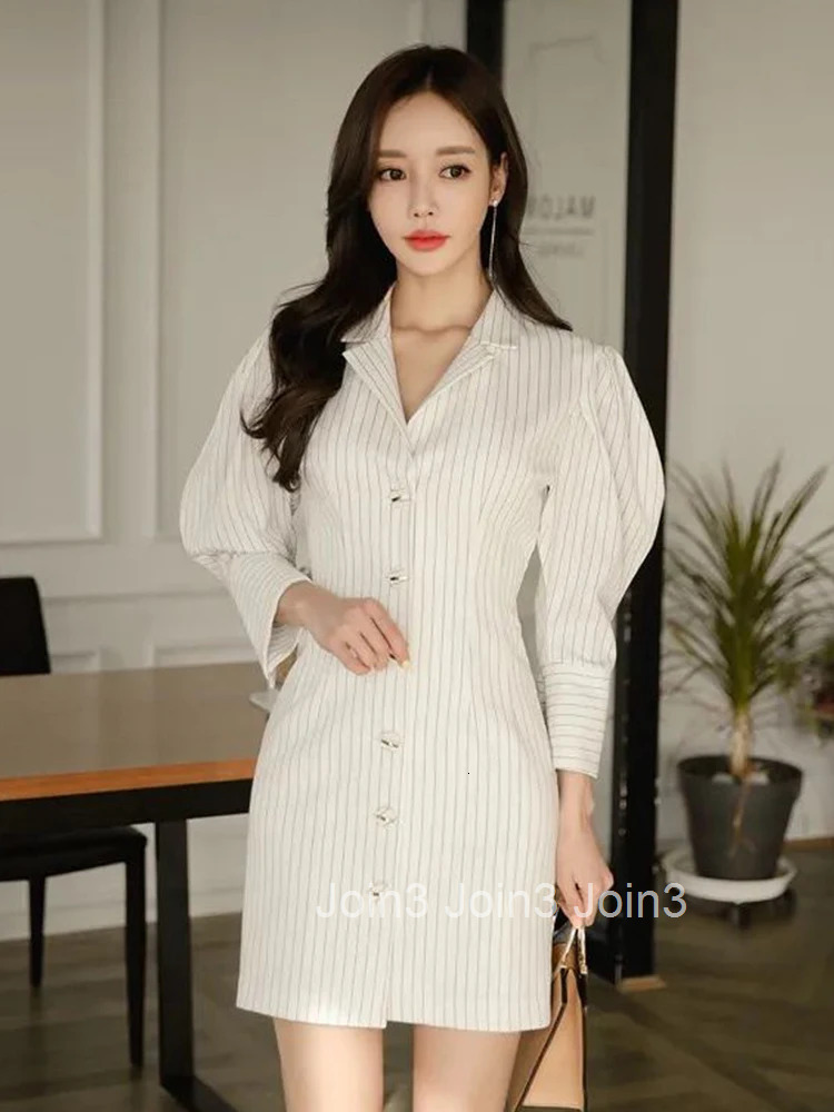 Fashion Lady Work Style Formal Pencil Dress Women Clothes Elegant Office Vintage Striped Puff Sleeve Slim Mini Short Vestidos