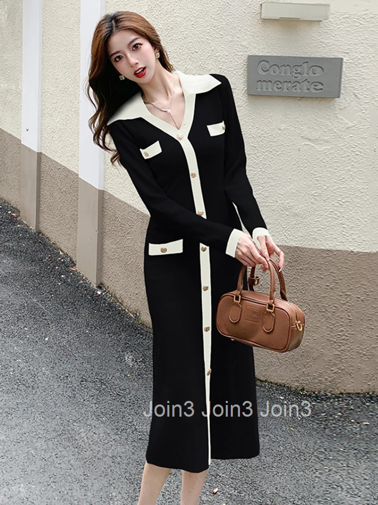 New Autumn Winter Knitted Stretchy Dress Women Elegant Lady Sweater Casual V-Neck Skinny Midi Robe Mujer Vestidos Street Clothes