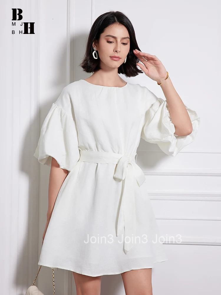 New Elegant Summer Breathable Comfortable Cotton Linen Short A-Line Dress Women Clothes Casual O-Neck Belt Mini Vestidos Fashion