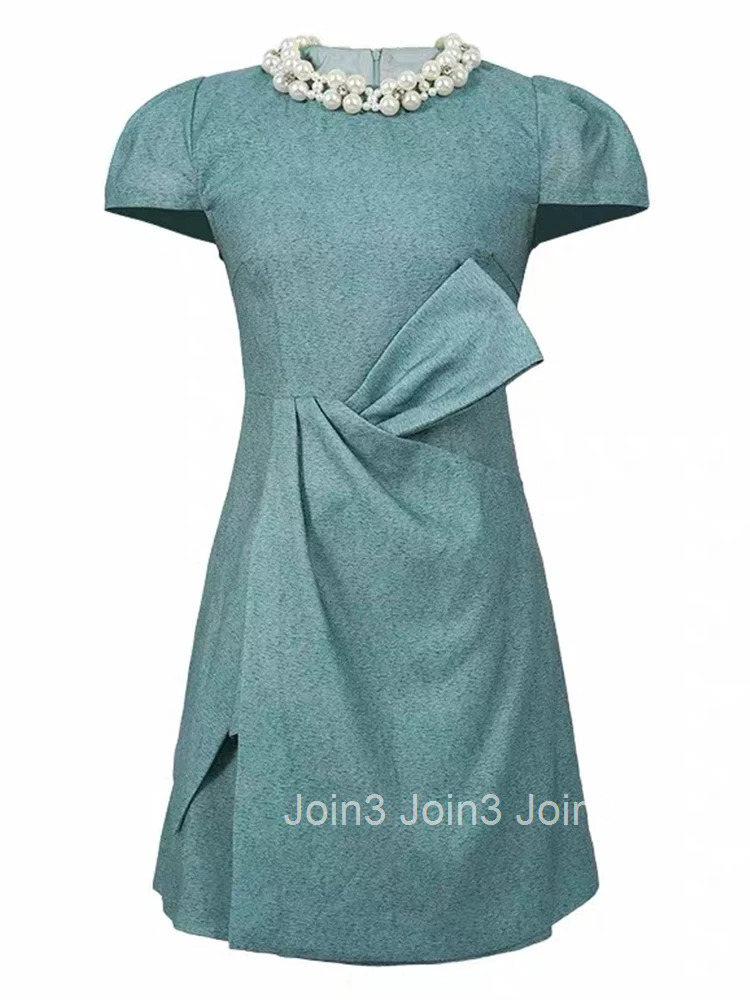 New Elegant Luxury Summer Busines Formal Occasion Dress Women Clothes Pearl O-Neck Slim Asymmetrical Party Prom Vestidos Fiesta