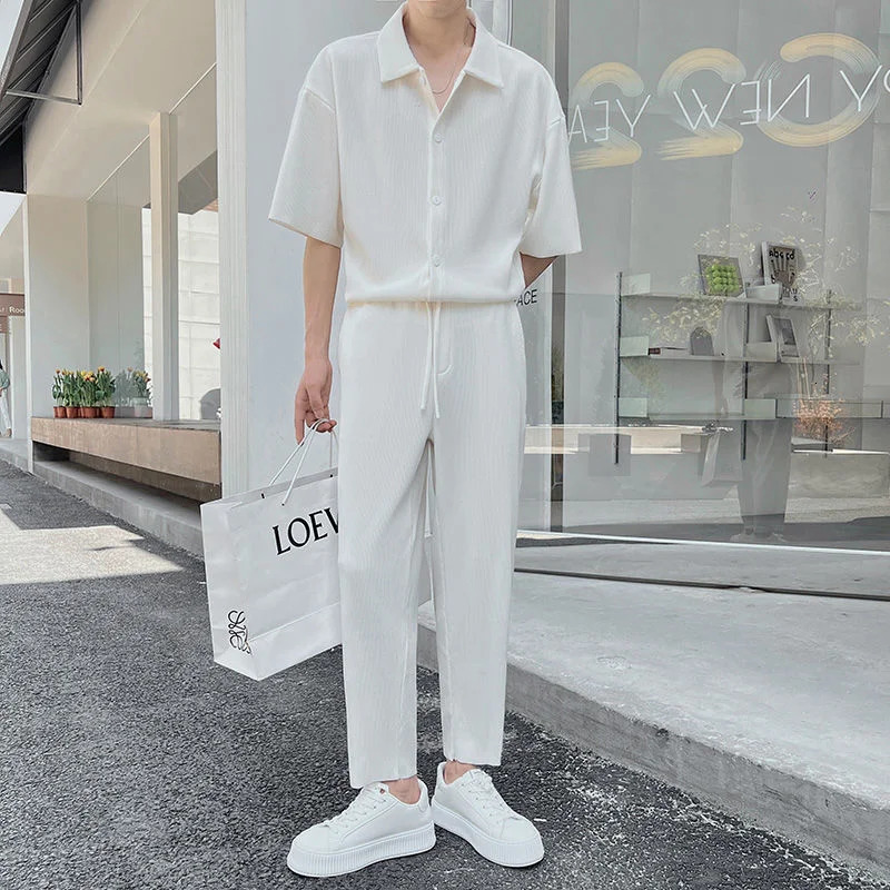 Summer Pleated Sets Men Fashion Black/White Casual Ice Silk Suit Men Korean Short-sleeved Shirt/Trousers Two-piece Mens Set 250617