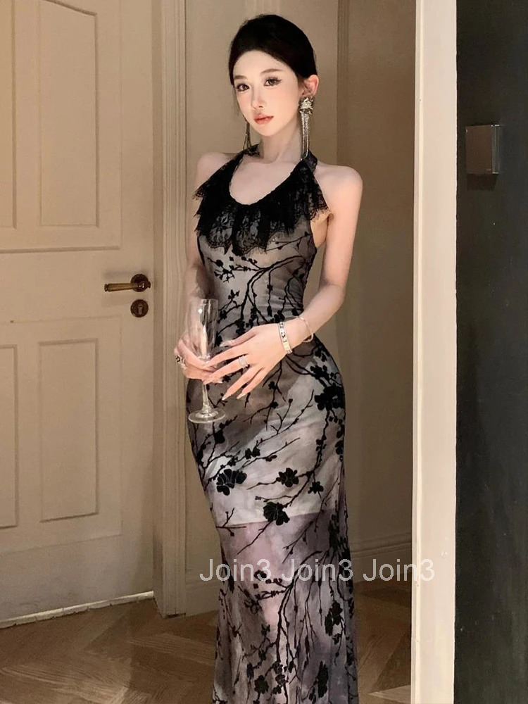 Women Clothes Retro Black Lace Ruffle Sexy Halter Backless Slim Evening Long Dress Elegant Fashion Party Prom Vestido Robe Beach