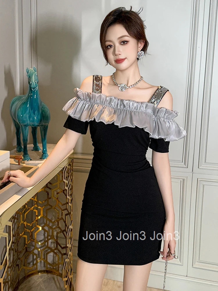Women Clothes Sweet Ruffle Black Sexy Sequin Sling Folds Slim Short Dress Elegant Fashion Evening Party Prom Vestidos Casual New