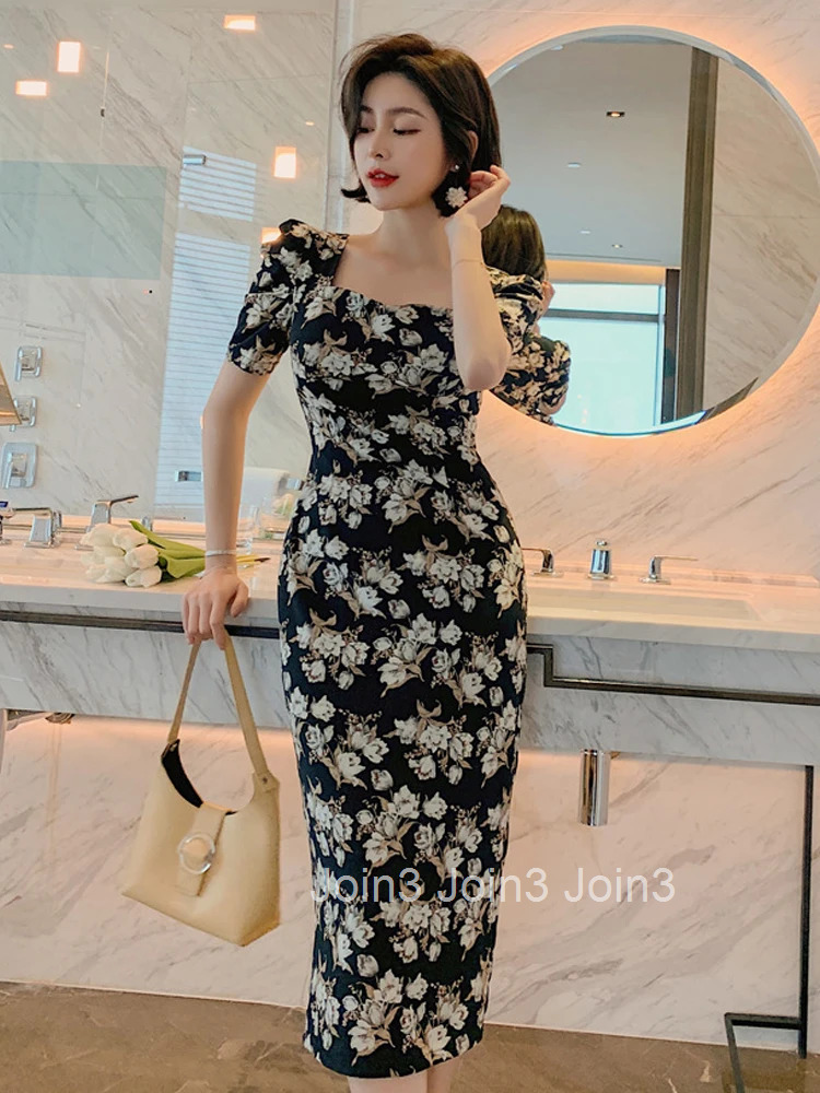 New Arrival Fashion Party Dress Women Elegant Summer Vintage Puff Sleeve Print Beach Temperament Office Lady Slim Pencil Dress