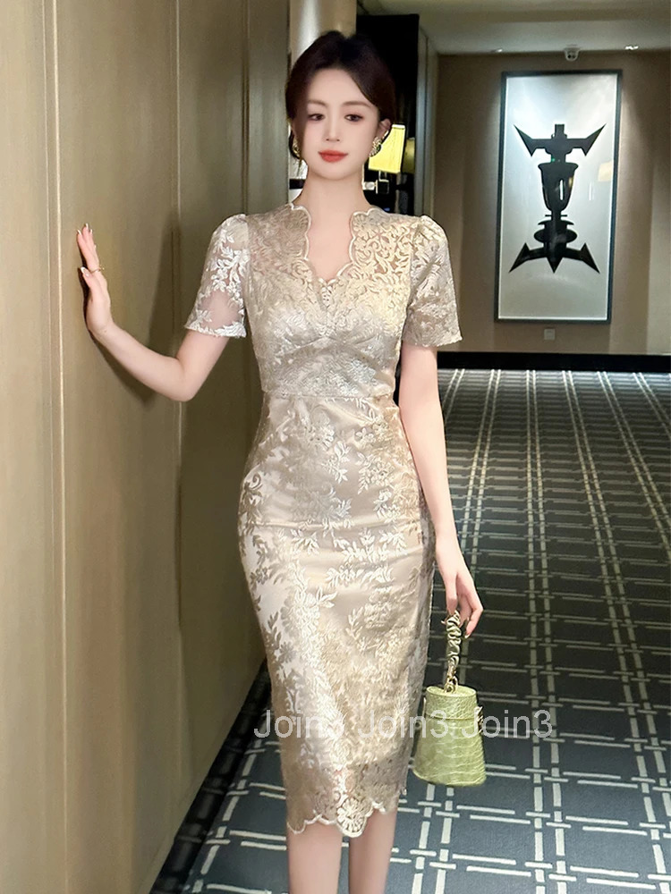 Summer Fashion Lace Embroidery Floral Dress Women Clothes Elegant Sweet V-Neck Short Sleeve Slim Midi Party Prom Vestidos Fiesta