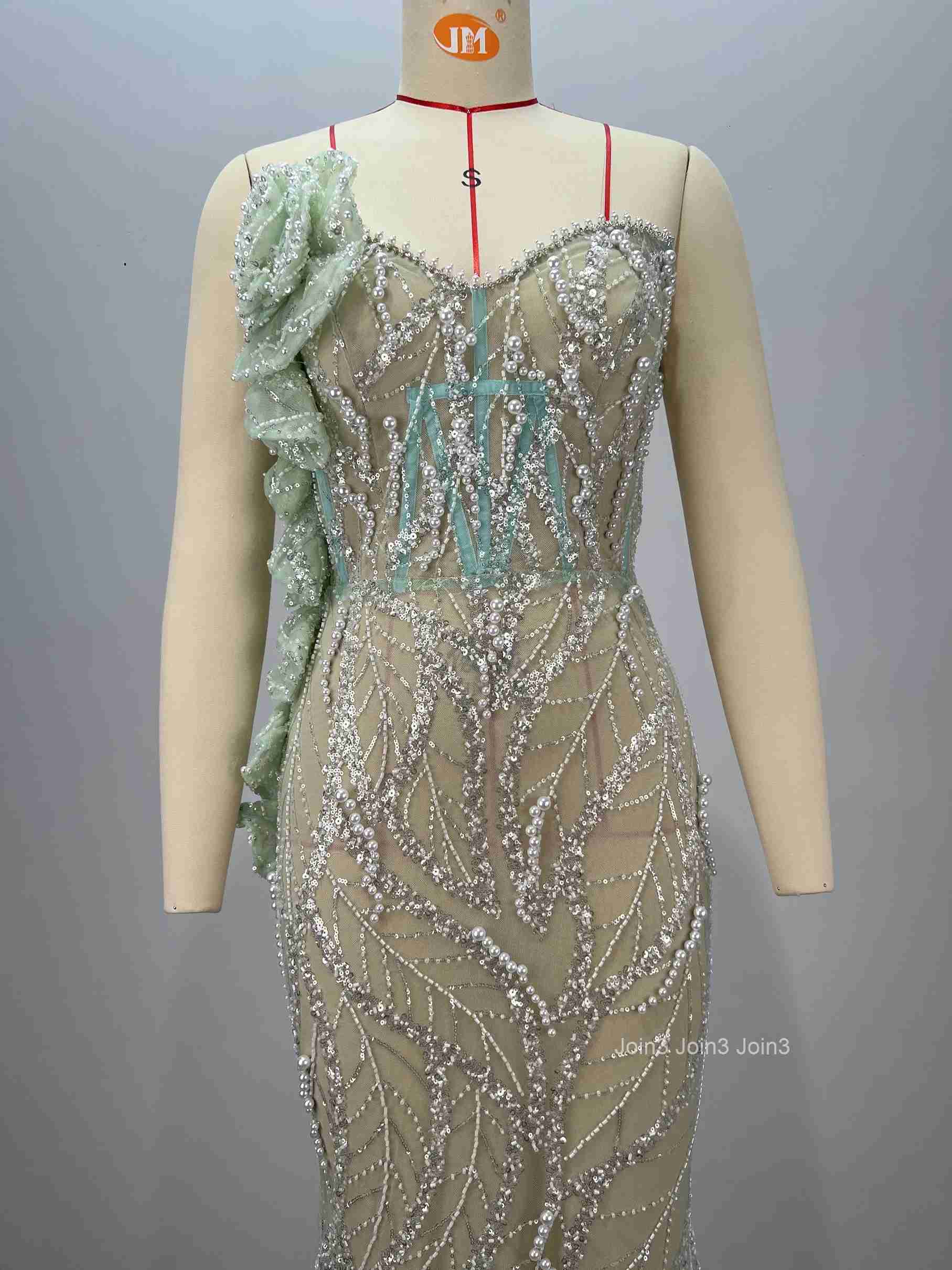 Womens Light Green Bandage Dress Sheer Tulle Leaf Embroidery Thin Straps Backless Mermaid Gown Green Accent Formal Party