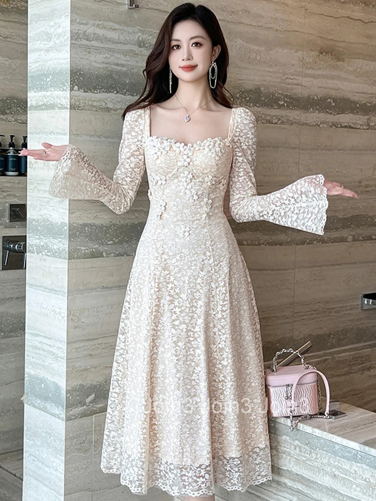 Autumn Fashion Casual Sweet Lace Square Collar A-Line Dress Women Clothes Elegant Flare Sleeve Slim Midi Robe Party Prom Vestido