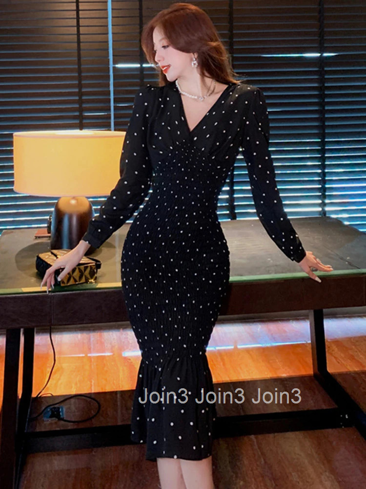 New Spring Autumn Women Evening Dress Vintage Black Dot V-Neck Corset Slim Midi Fishtail Party Beach Robe Femme Mujer Vestidos