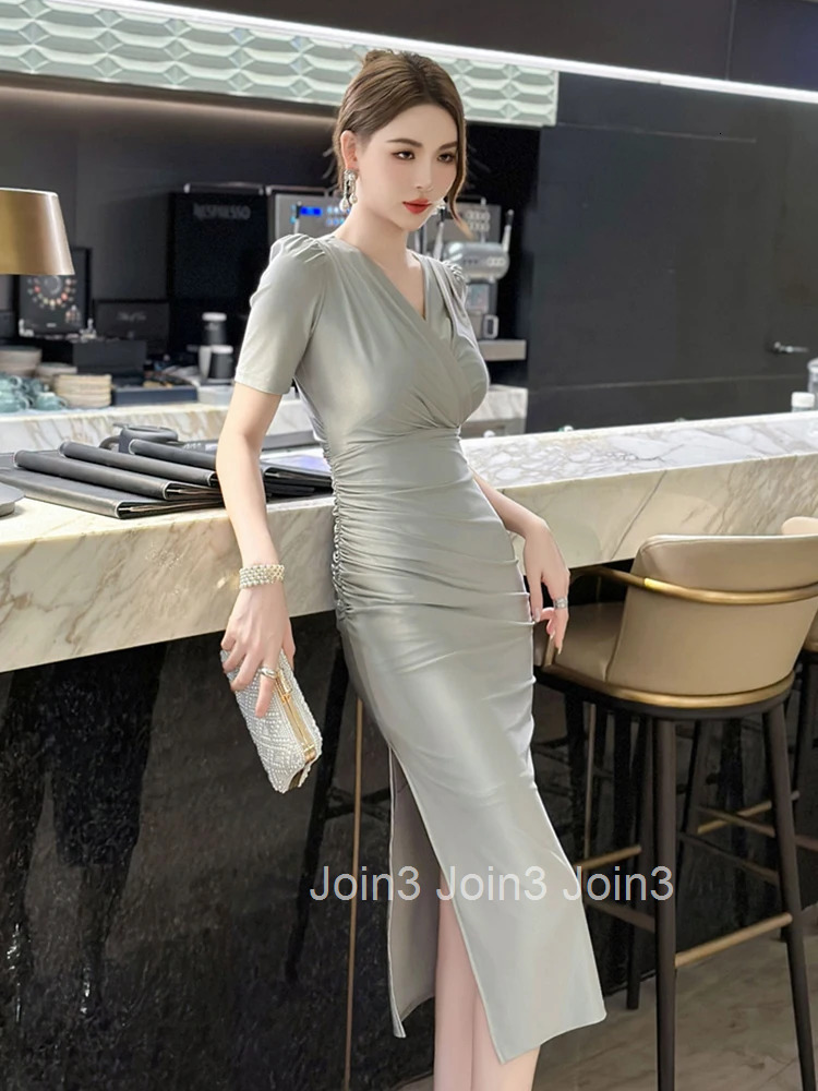 Summer Work Style Formal Business Pencil Dress Women Clothes Mujer Elegant Office Commute V-Neck Folds Party Vestidos Stretchy