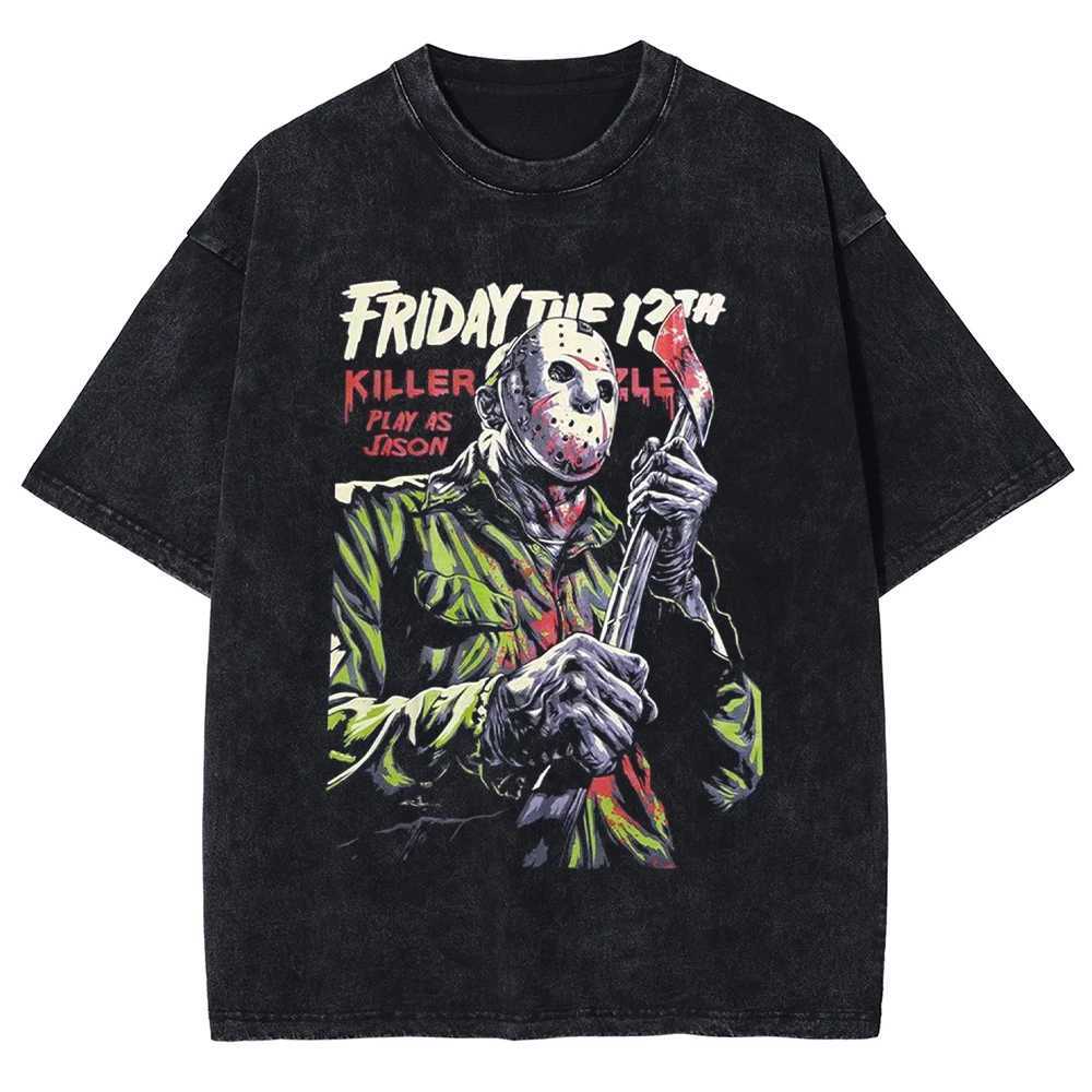 Vintage Washed Black T-shirt Harajuku Classic Friday The 13th Shirt Cotton DTG Printed Mens T-shirt Unisex Top Ts Couple Clot X250623