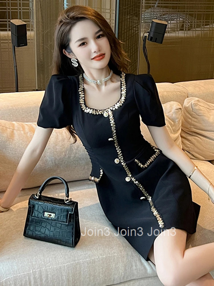 Fashion Summer Black Short A-line Dress Women Ladies Clothing Pretty Elegant Luxury Chic Square Collar Slim Mini Mujer Vestidos