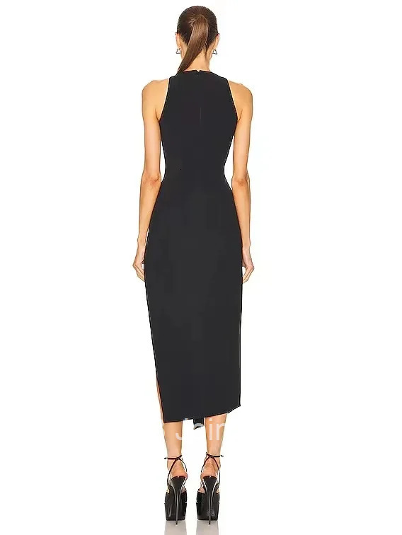 Womens Black O-Neck Pullover Dress Crystals Embellished Mesh Splicing Design Bodycon Bandage Long Celebrity Party Dress