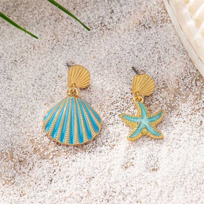 Summer Beach Asymmetrical Metal Shell Starfish Earrings for Women Sweet Enamel Conch Drop Earring Girls Holiday Jewelry Gift XJ250623