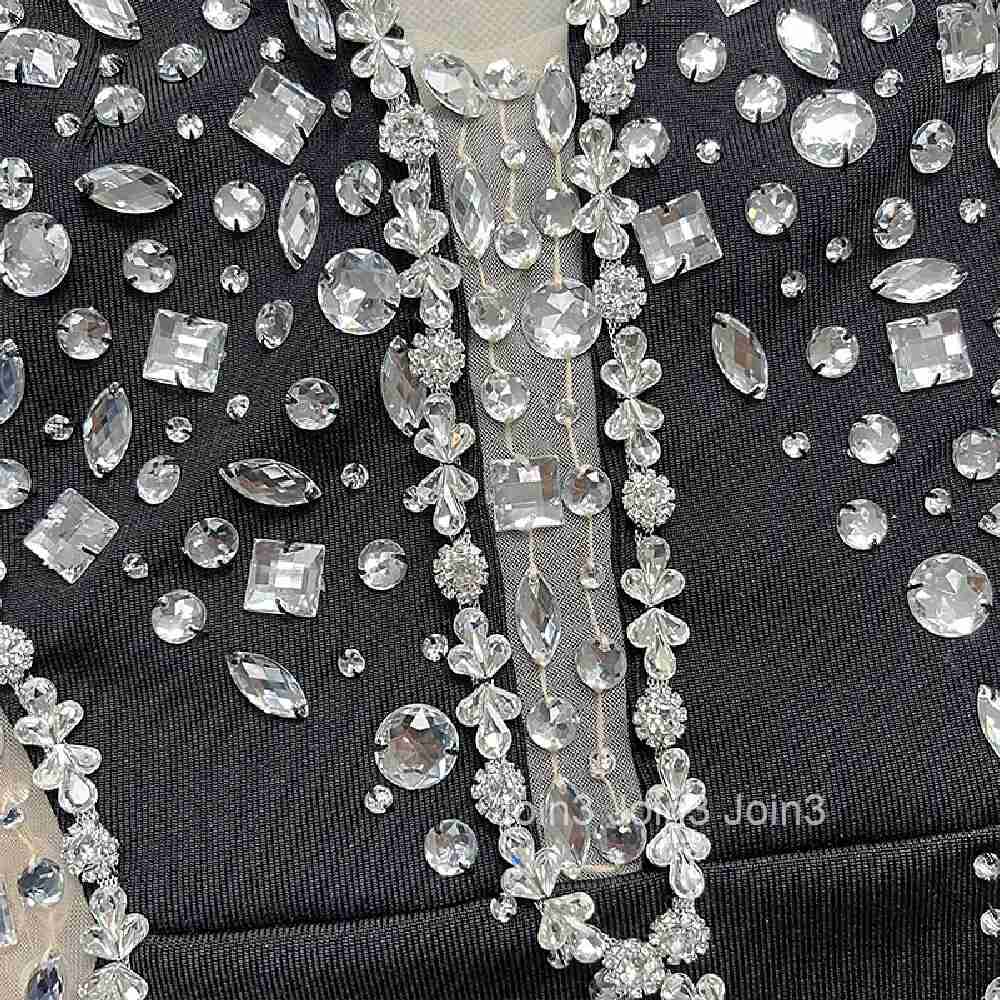 Womens Rhinestone Beading Embellished Lace Sheer High Side Split Dress Sexy V-Neck Flash Club Party New Summer 2025