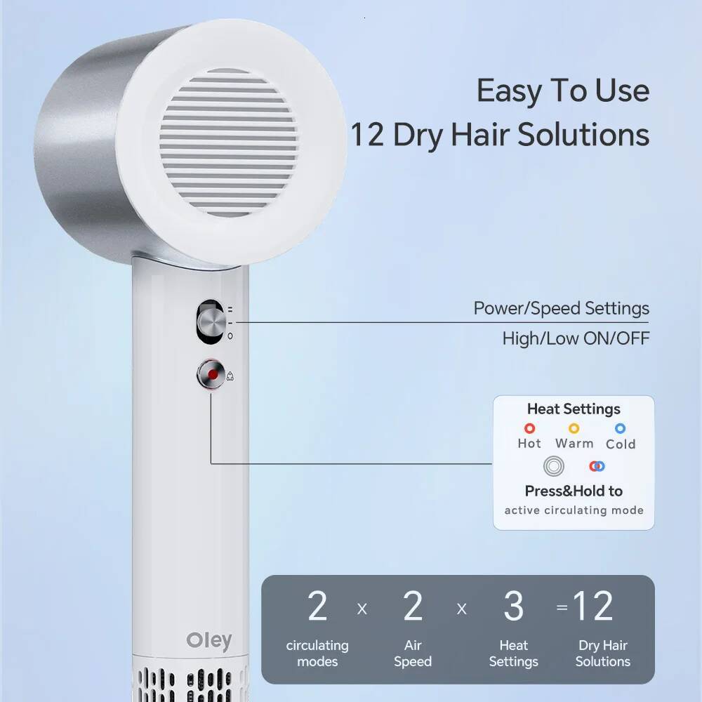 Oley High-speed Hair 900W Lightweight Powerful Brushless Motor Low Noise Quick Negative Ionic Blow Dryer
