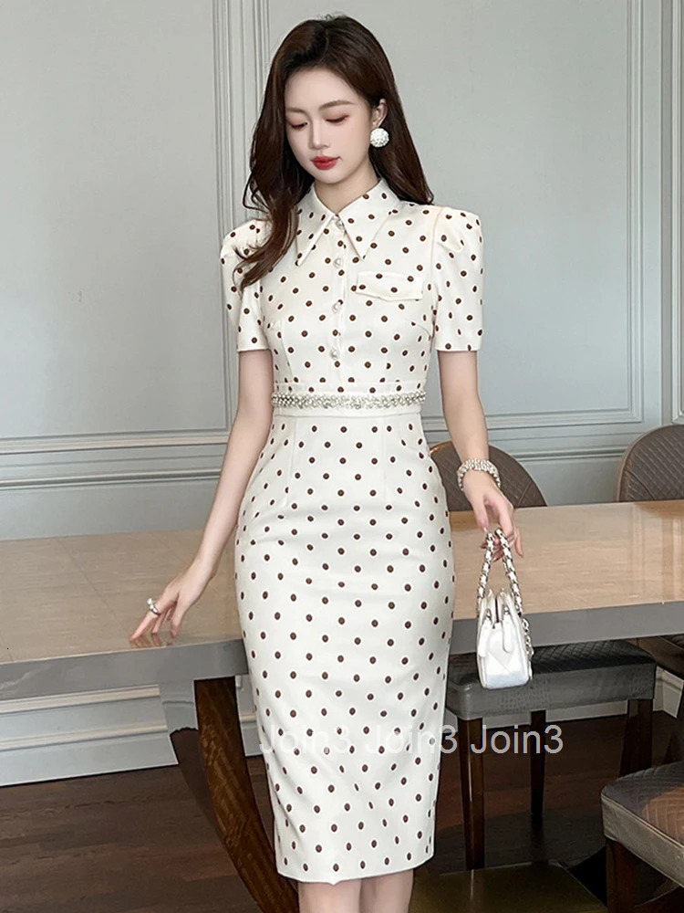 Women Clothes Vintage Dot Print Short Sleeve Slim Midi Pencil Dress Elegant Business Fashion Vestidos Formal Occasion Casual New