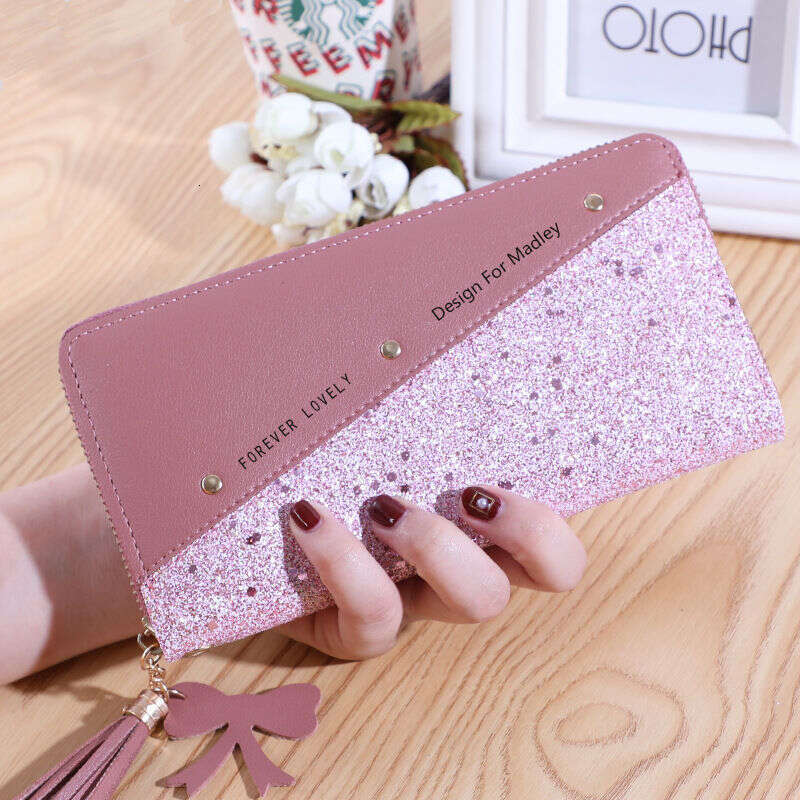 2022 New Long Wallet for Women Zipper Purse Korean Style Patchwork Color Block Tassel Versatile Card Holder Phone Bag