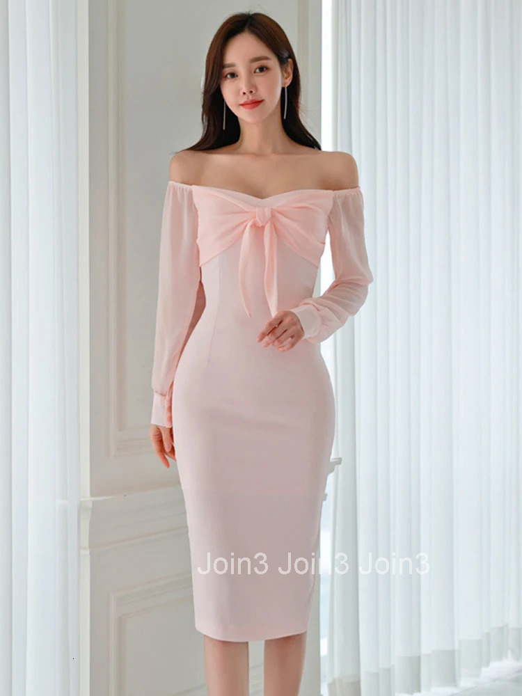 Korean Fashion Work Style Pink Sweet Evening Long Dress Women Clothes Elegant Sexy Off-Shoulder Slim Pencil Party Prom Vestidos