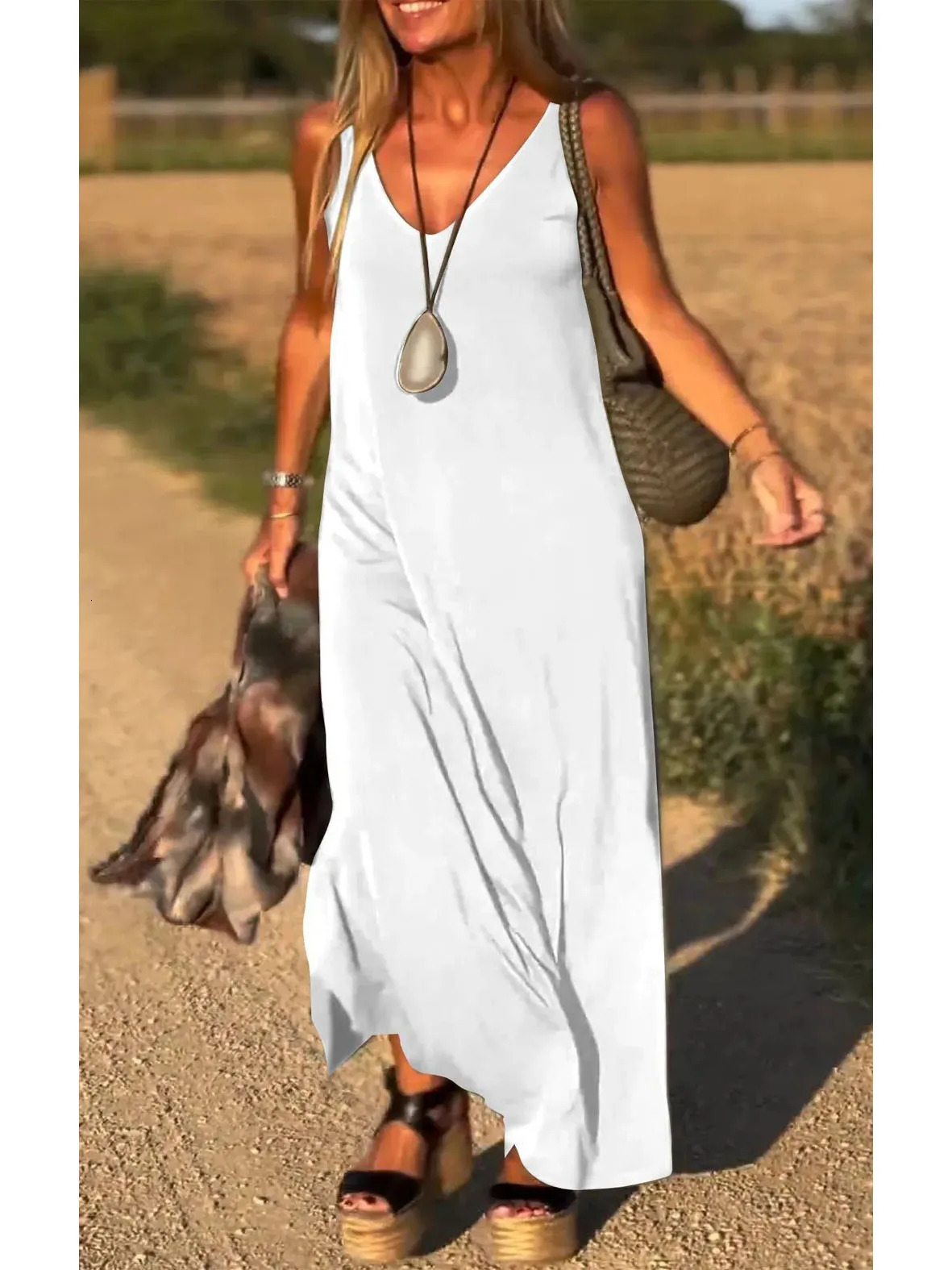 2024 Summer Womens VNeck Knit CoverUp Dress Beach Resort Maxi Slip Lightweight Loose Fit Boho Vacation Outfit 250616