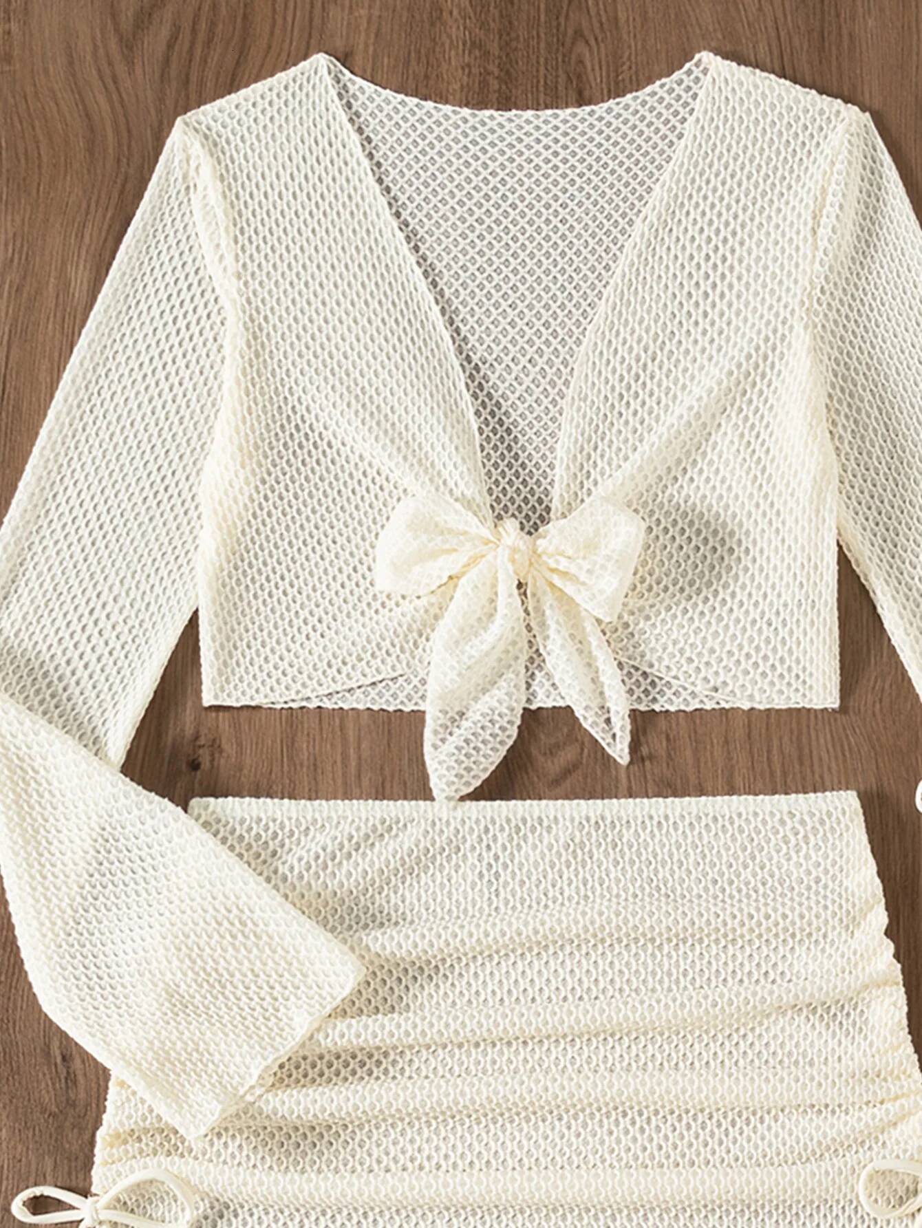 Sexy Mesh White 4 Piece Bikini Set 2025 Women Long Sleeve Cover Up With Skirt Swimsuit Beach Bathing Suit Holiday Thong Swimwear