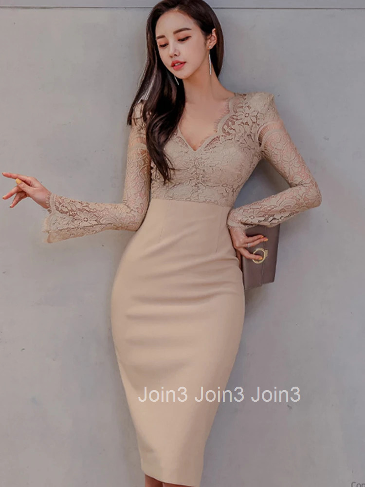 Korean Fashion Ladies Work Style Pencil Dresses Women Clothing Elegant Office Commute Lace Sexy V-Neck Slim Dress Mujer Vestidos