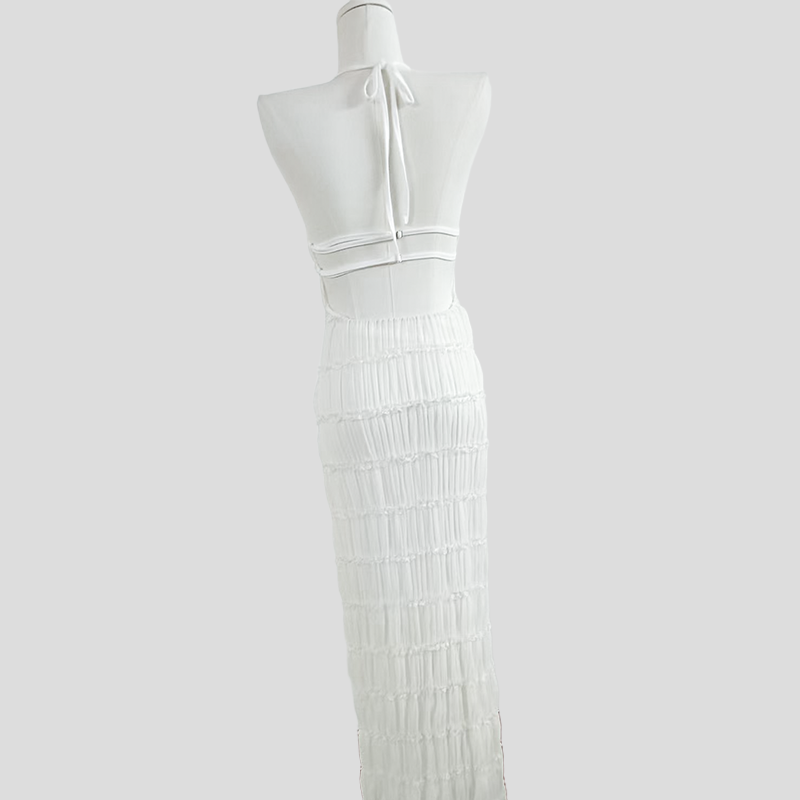 Elegant White Halter Maxi Dress, Layered Ruffle Detail for Women
