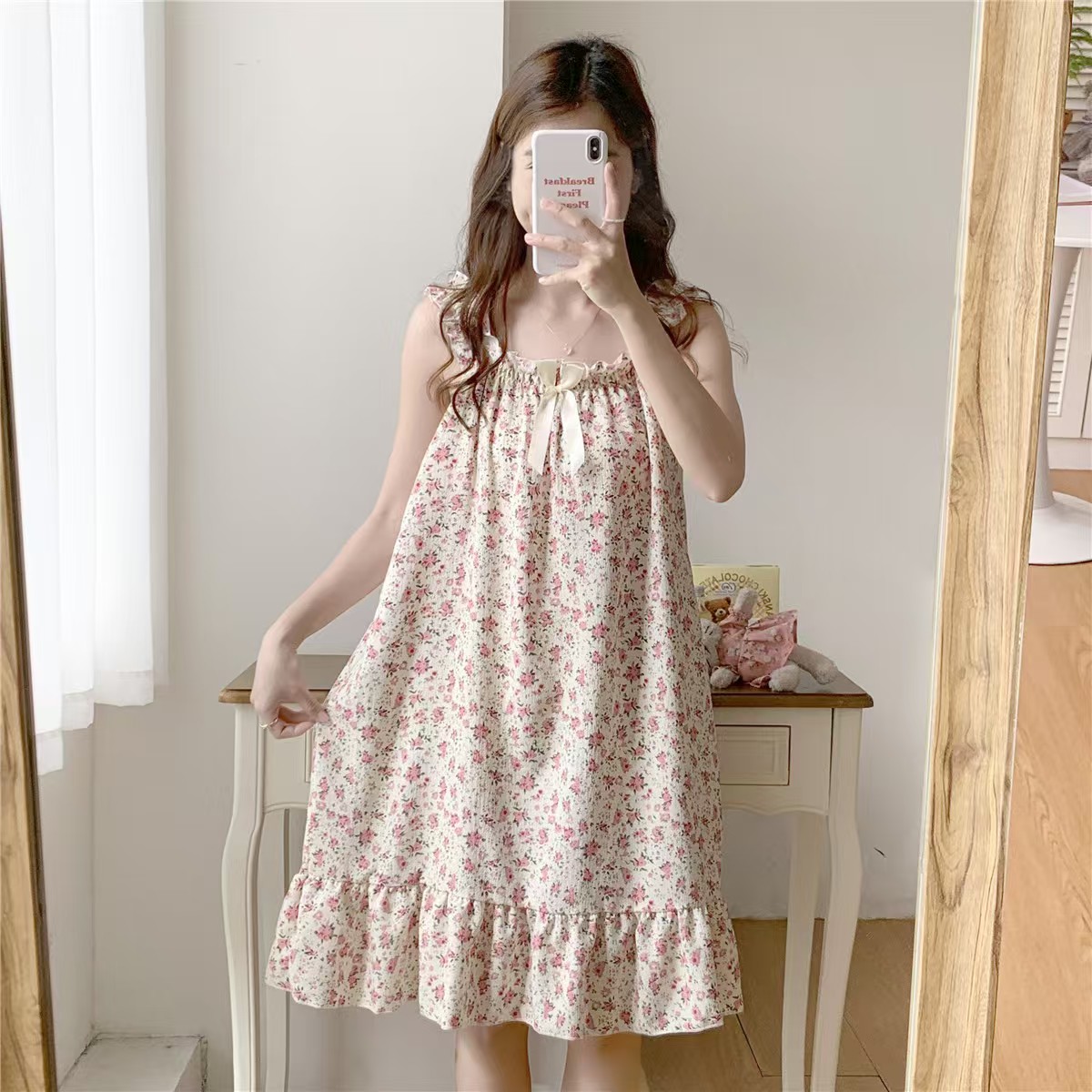 2025 women's models spring and summer sweet ins style halter mid-length loose nightgown female home dress red crocus flower