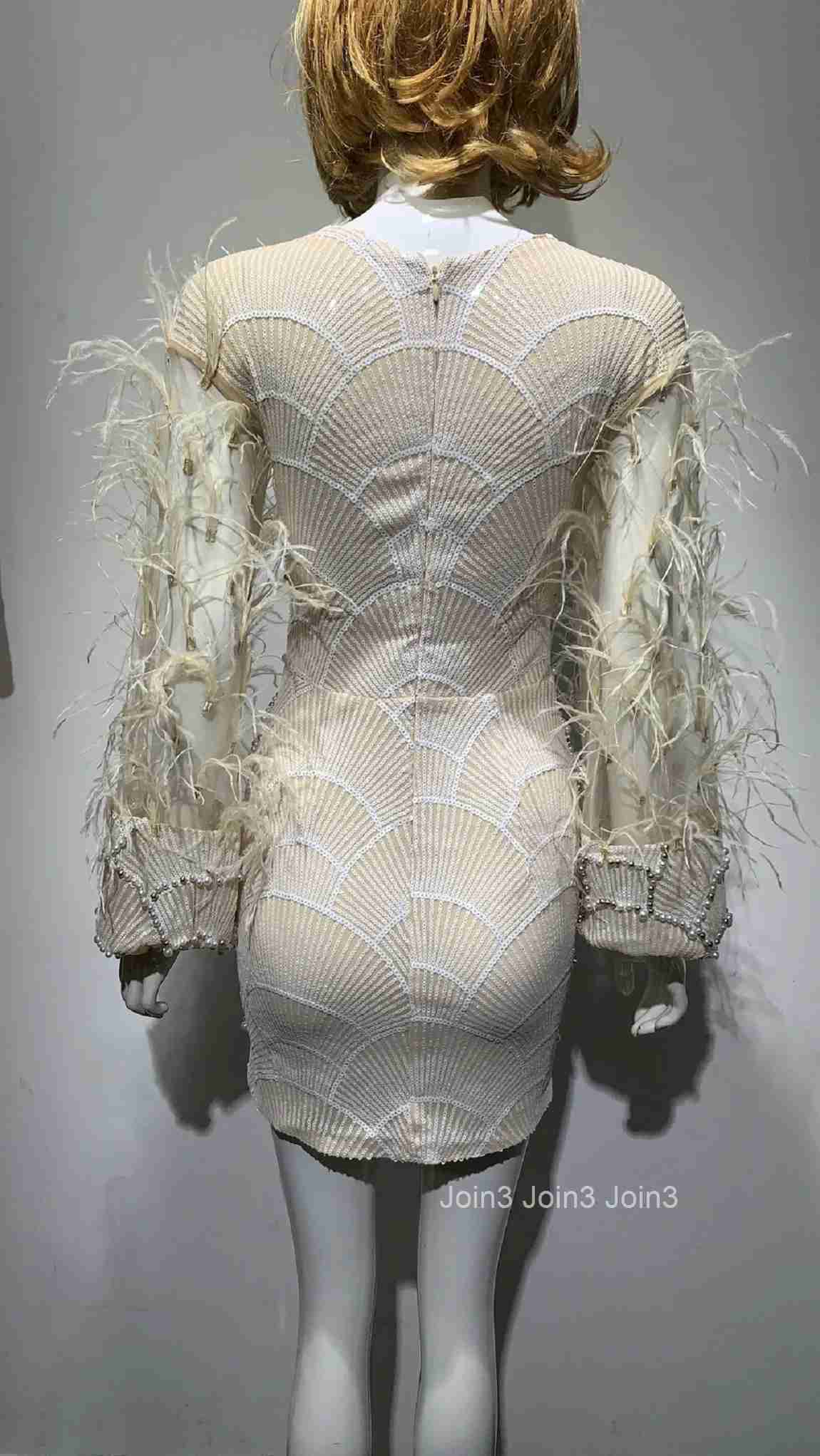 White Luxury Beaded Sequins Embroidered Feather Sleeves Sexy Low Cut Dress Banquet Party Stage Performance Short Wear for Women
