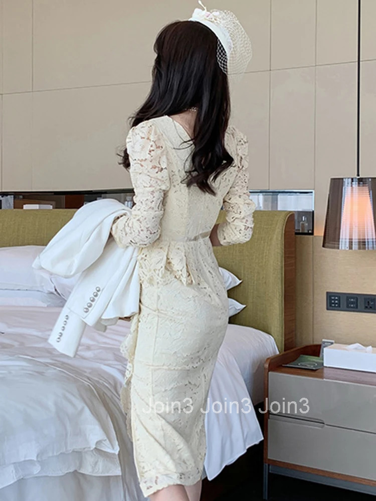 Fashion Korean Style Women Vintage Sexy Lace Ruffle Midi Party Dress Elegant Temperament Coffee Break Asymmetrical Female Dress