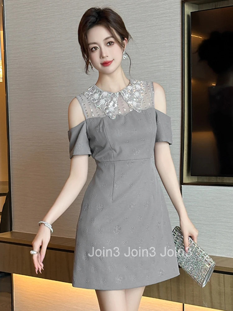 Women Clothes Silvery Sequin Sexy Off-Shoulder Slim A-Line Mini Short Dress Elegant Luxury Fashion Evening Party Prom Vestidos