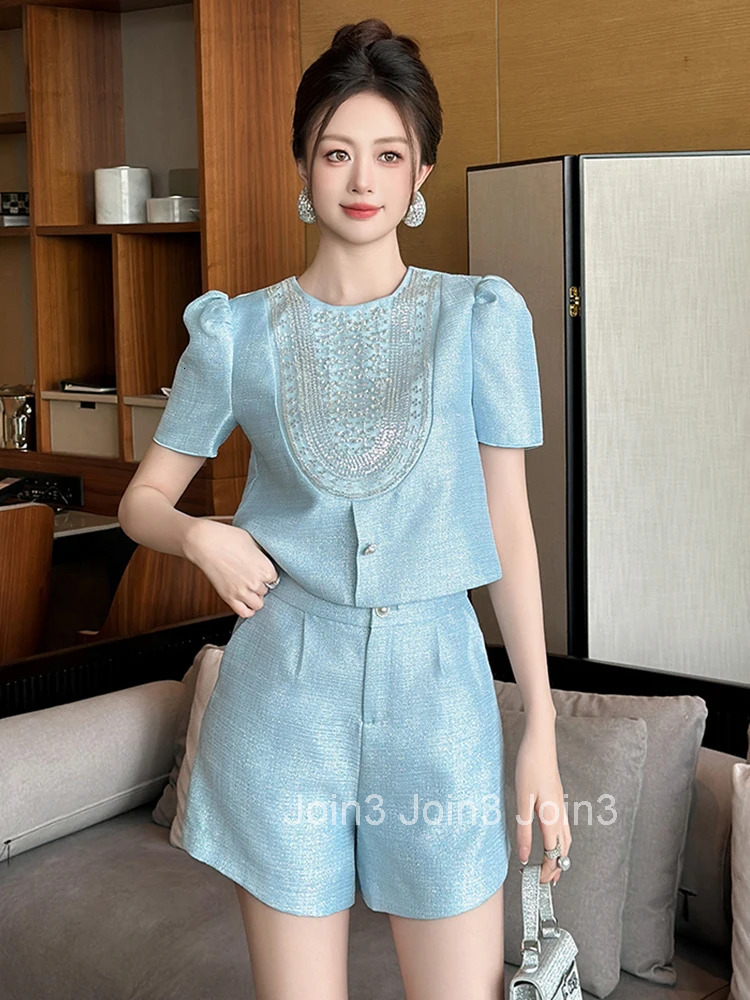 New Fashion Summer Casual Sweet 2 Piece Outfit Women Clothes Puff Sleeve Short Tops Shirt Blouse And High Waist Shorts Mujer Set