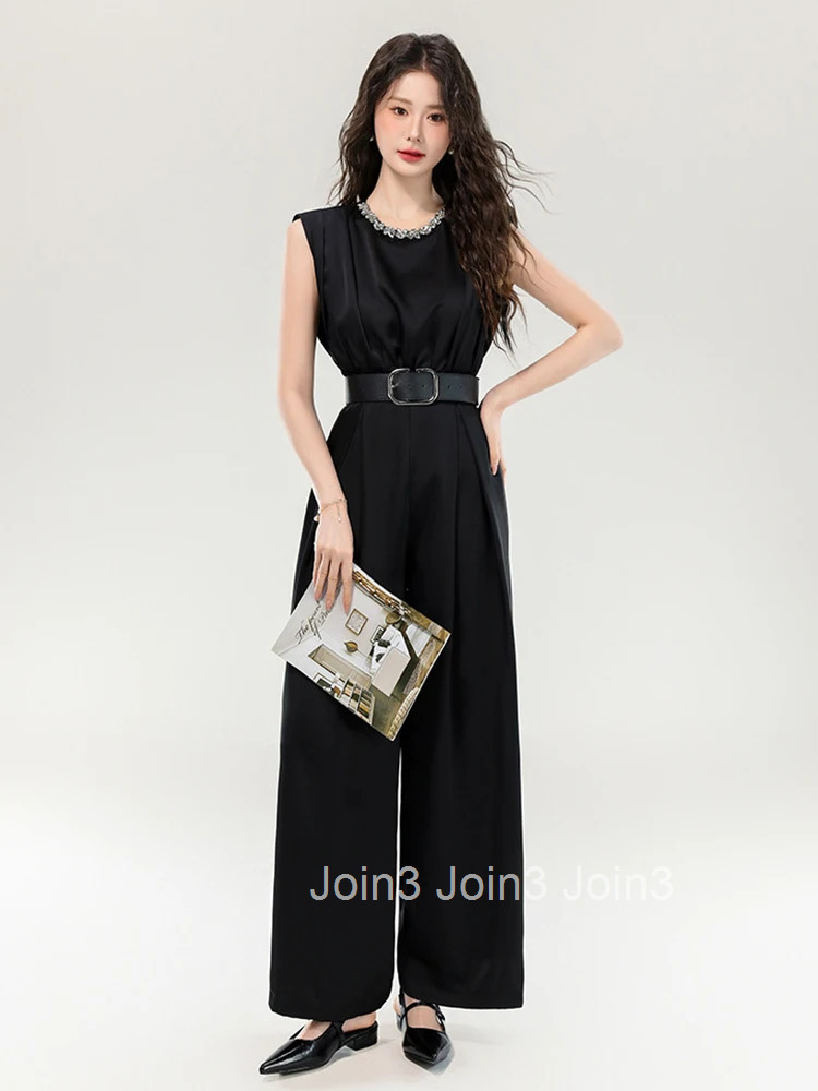 Women Clothes Black One Piece Jumpsuits Elegant Formal Retro Sleeveless Mujer Wide Leg Loose Rompers Casual Long Trousers Summer