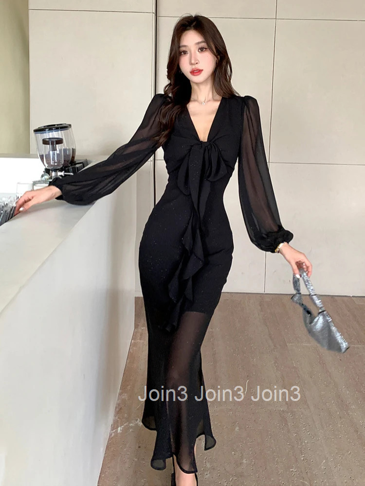 Spring Autumn Fashion Elegant Lady Black Chiffon Mermaid Dress Women Clothes Casual Lantern Sleeve Slim Midi Robe Party Vestidos