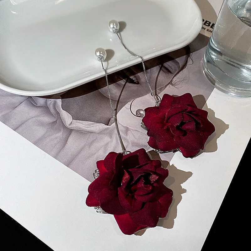 Dominate Big Rose Tassel Drop Earrings for Women Temperament Red Flower Simulated Pearl Earrings Girls Wedding Party Jewelry XJ250623