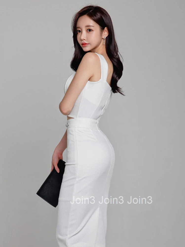 Summer White Sexy 2 Pieces Outfits Elegant Women Chic Strap Short Cropped Tops Shirt Blouse High Waist Midi Skirt Mujer Slim Set