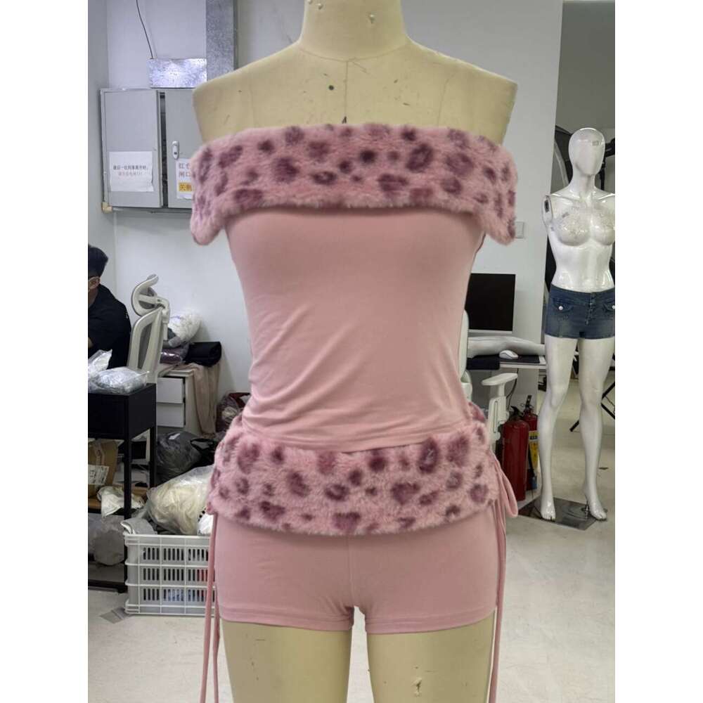 Trendy Sexy Ruched Short Tube Top Vest Drawstring Low Waist Shorts Leopard Print Faux Fur Patchwork Two-Piece Set B5