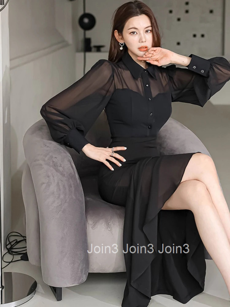 New Fashion Spring Autumn Black Shirt Long Dress Women Ladies Clothing Commute Chiffon Sheer Sexy Slim Midi Mujer Robe Vestidos